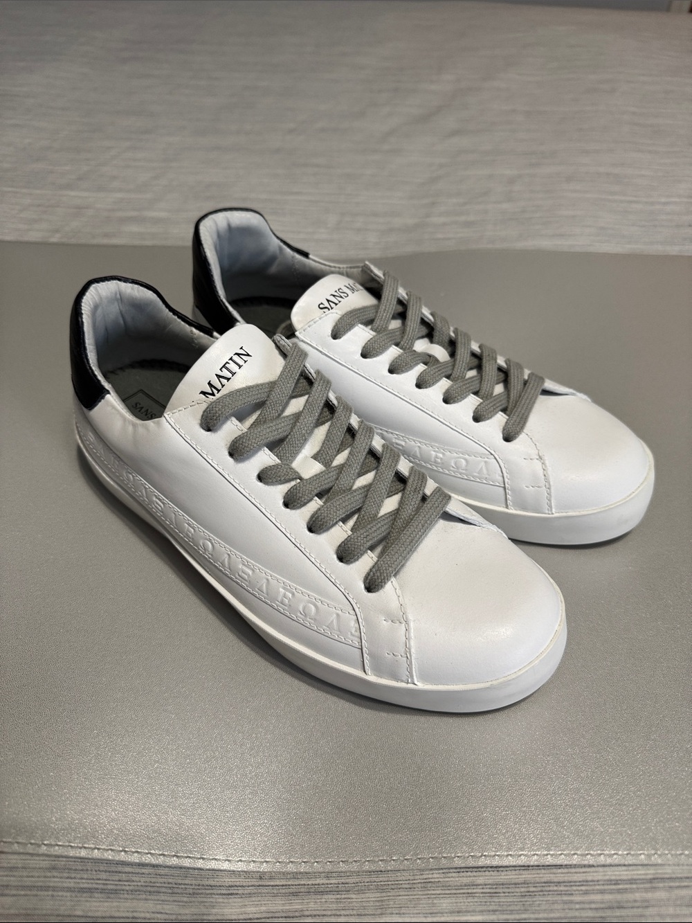 Sans Matin Handmade Olympus Greek Letters White Leather Low-Top Sneakers 7.5